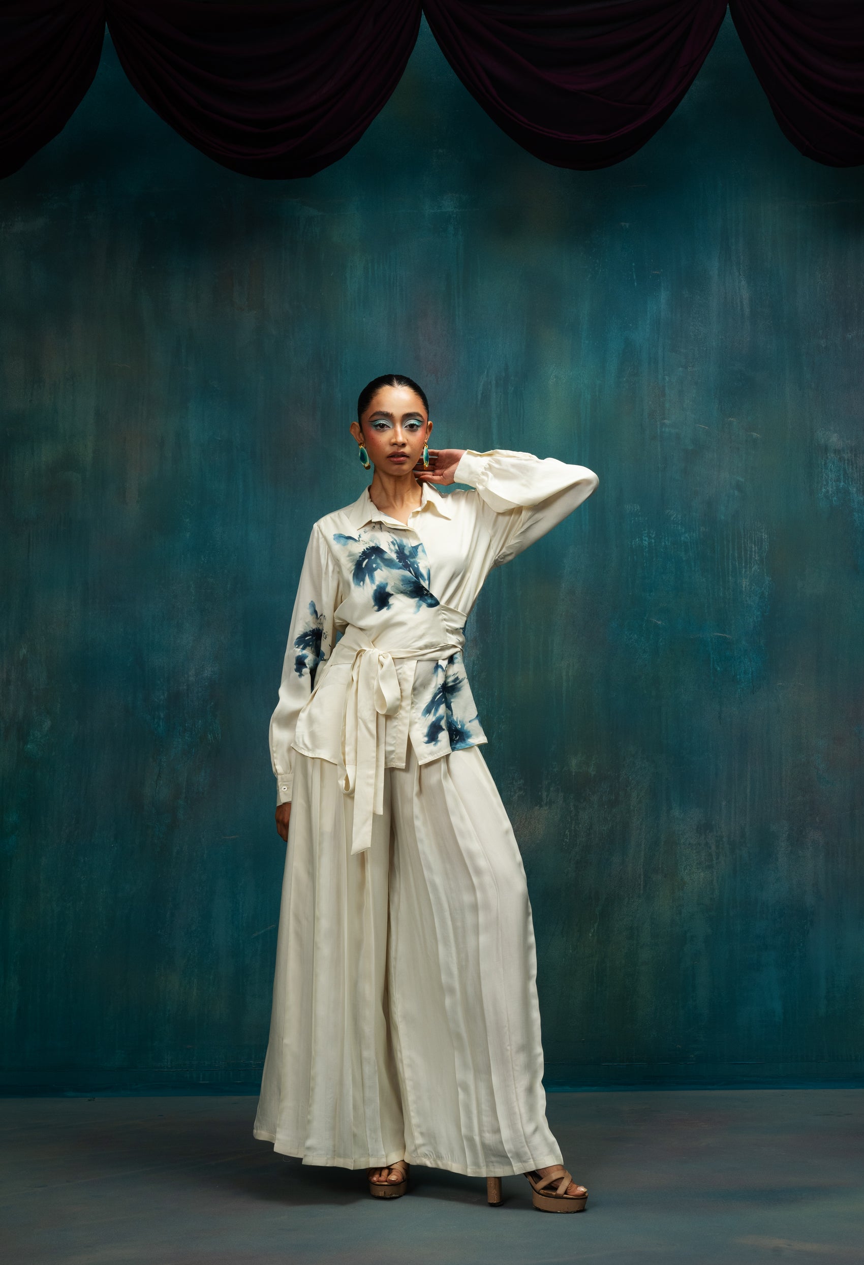 Indigo Brushstroke Wrap Co-ord Set – Ivory Indigo