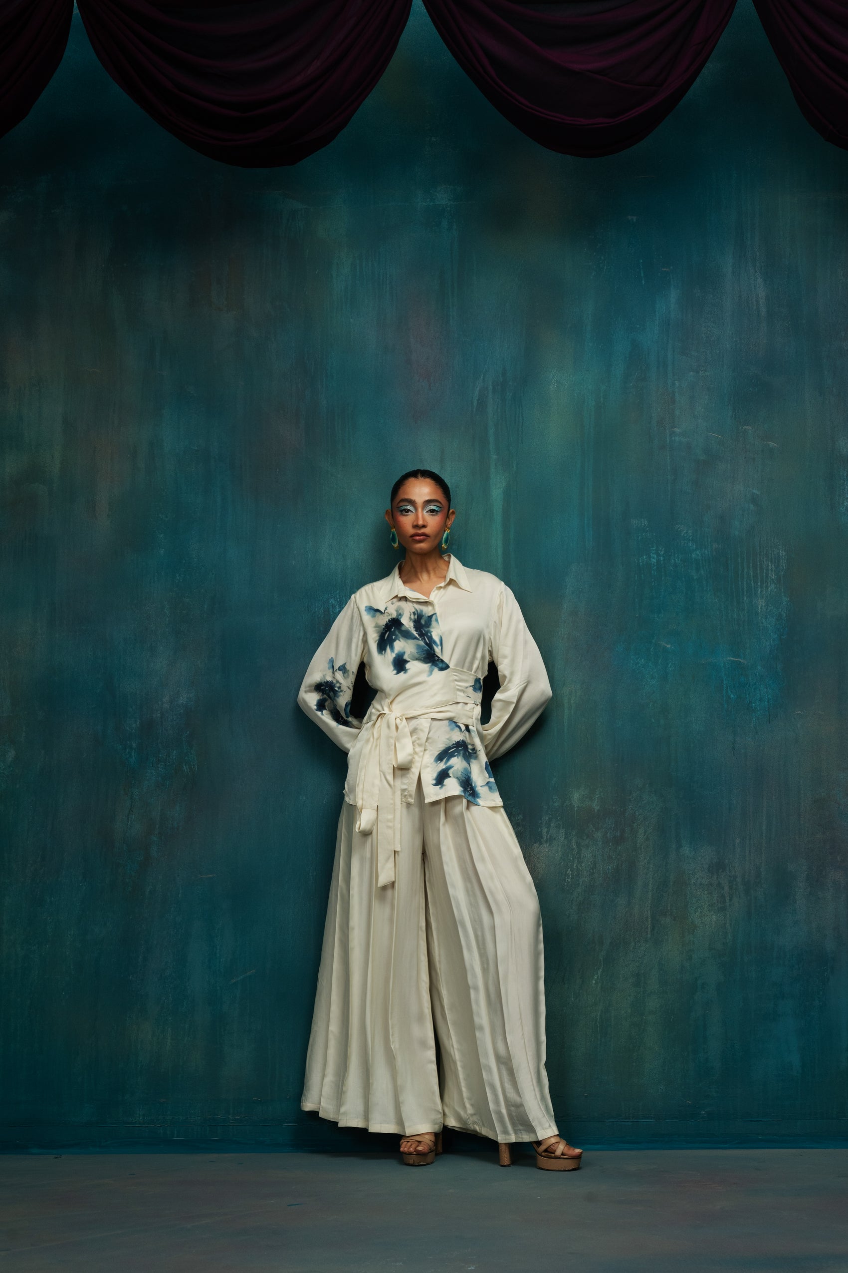 Indigo Brushstroke Wrap Co-ord Set – Ivory Indigo