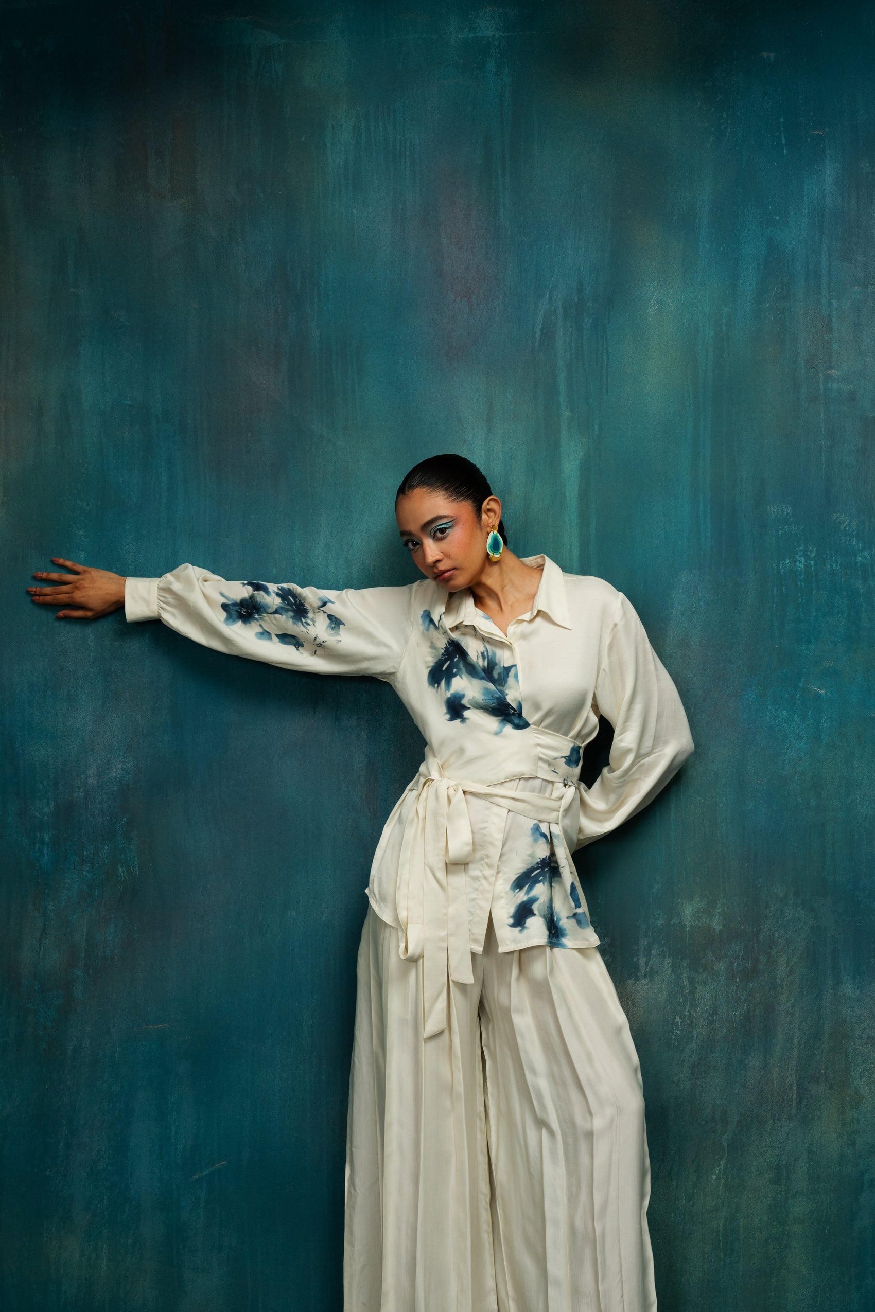 Indigo Brushstroke Wrap Co-ord Set – Ivory Indigo