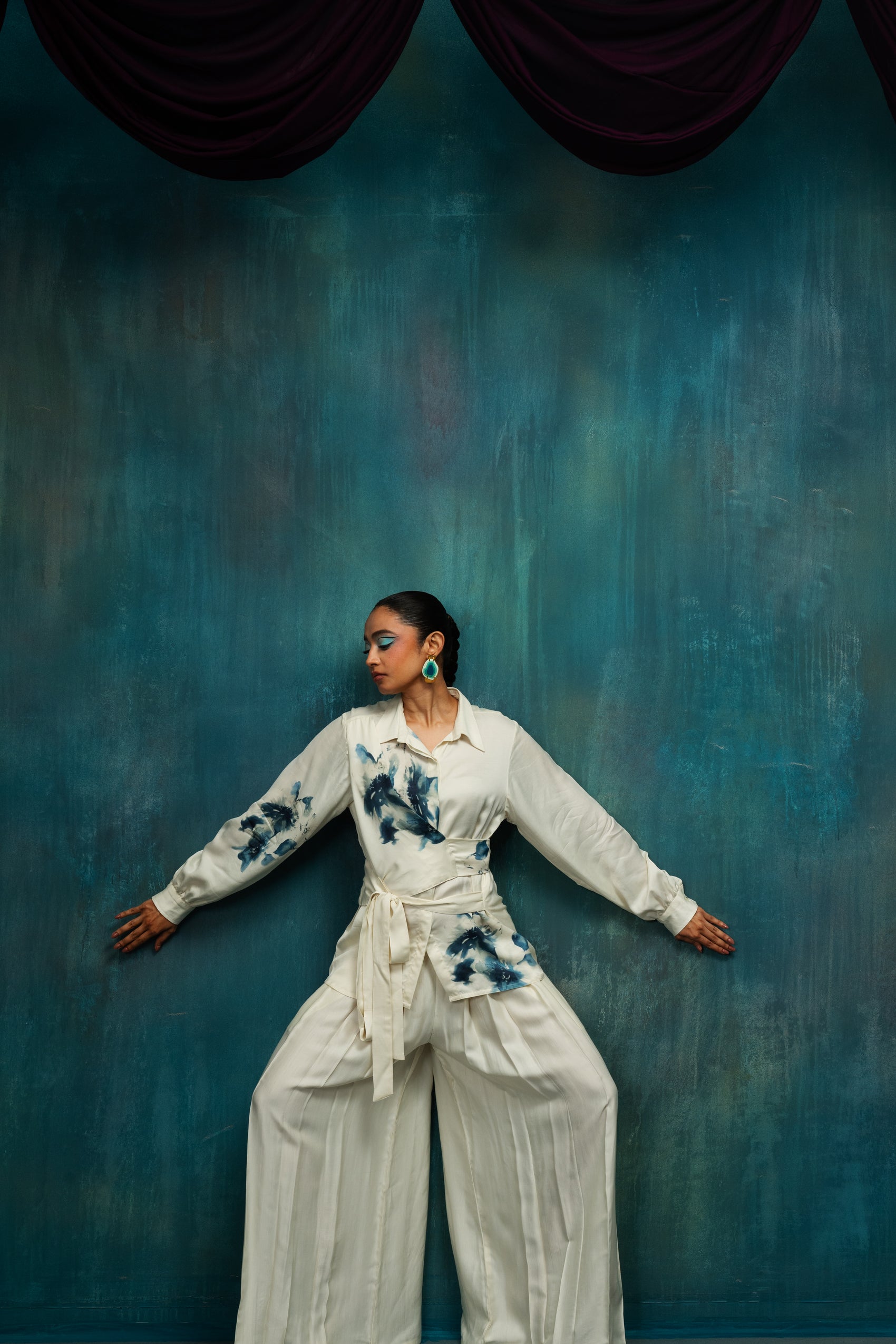 Indigo Brushstroke Wrap Co-ord Set – Ivory Indigo