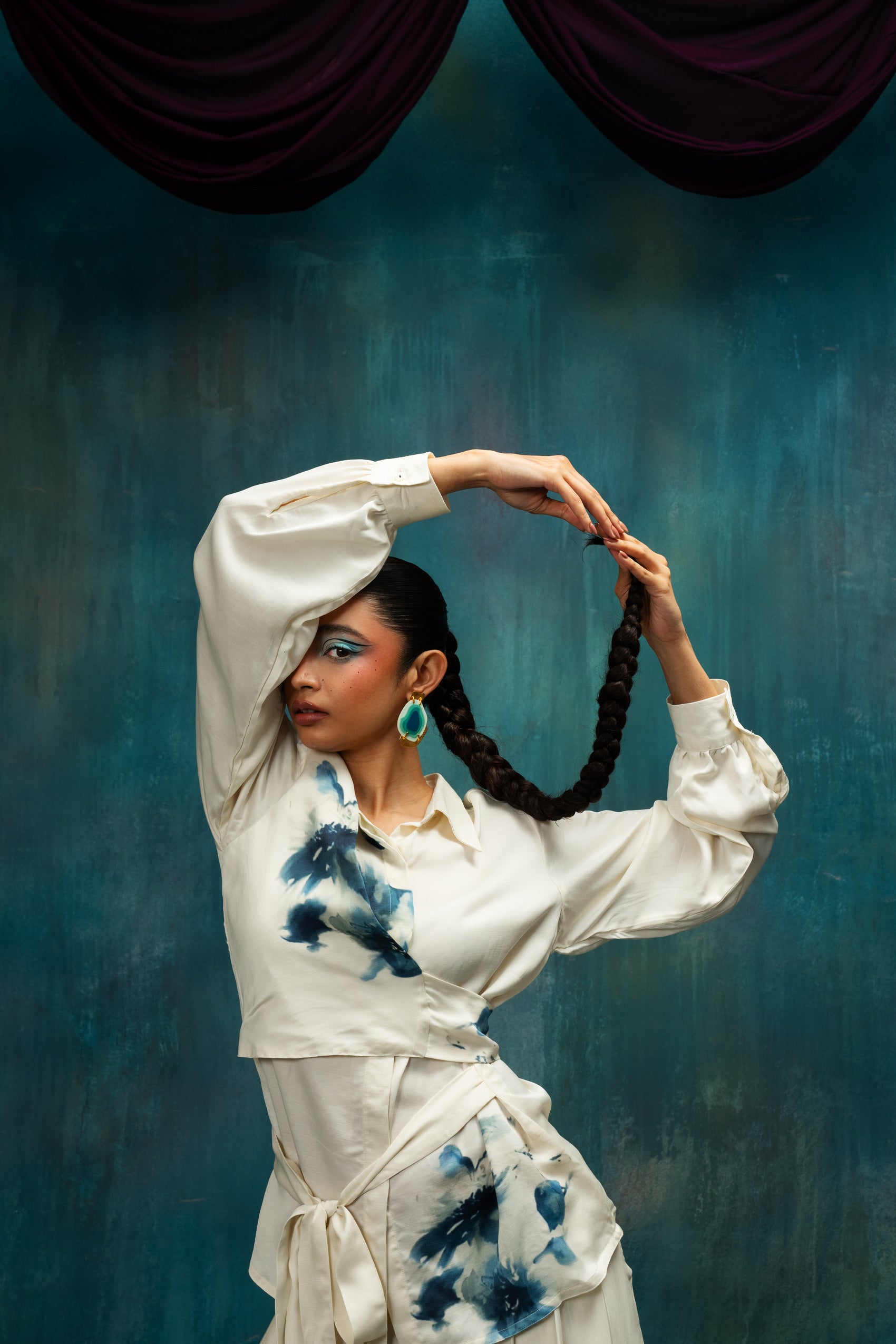 Indigo Brushstroke Wrap Co-ord Set – Ivory Indigo