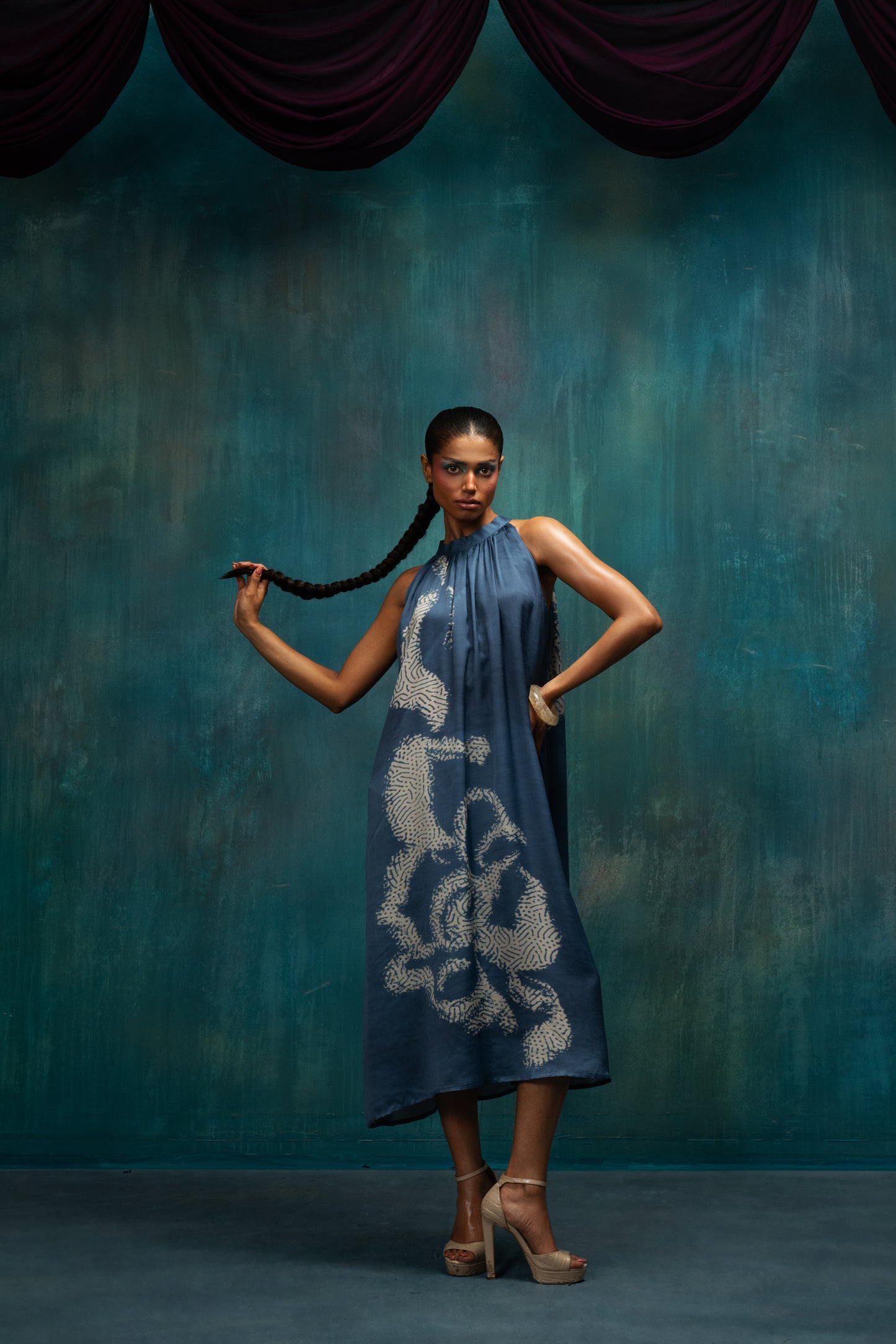 Halo Halter Midi Dress – Indigo Ivory Bloom